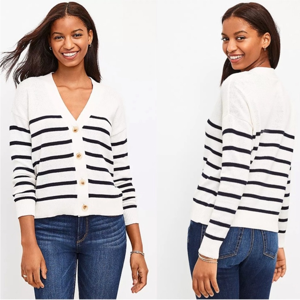 Loft Women's White Navy Blue Striped V-Neck Cardigan Cotton Sweater Size Med